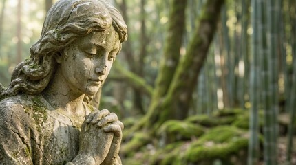 Obraz premium Weathered Stone Angel Statue Praying in Mossy Forest Close Up