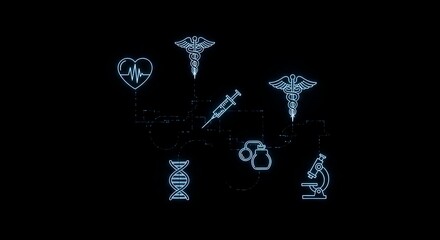 Medical symbols and icons on black background