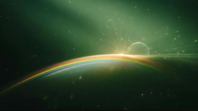 Cosmic rainbow with glowing planet and green drink on moss. Saint patrick day concept. Celebration for holiday and nature.