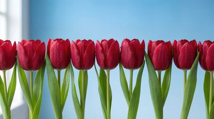 Row of Red Tulips with Water Drops on Blue Background Copy Space