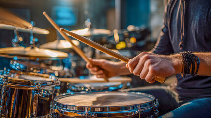 Dynamic drumming session at a vibrant music studio capturing the energy and rhythm of live performance