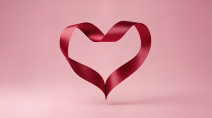 Red Satin Ribbon Shaped as Heart Floating on Pink Background