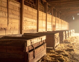 Wooden Storage Bins in Rustic Barn with Warm Natural Light