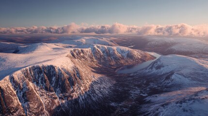 Snowy Mountain Landscape at Sunset with Cloudy Skies and Ridge Views