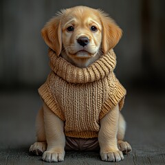 Playful puppy in a cozy sweater sits comfortably, showing its cheerful spirit