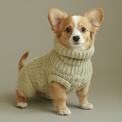 A playful corgi showcases its adorable personality in a knitted sweater, exuding charm