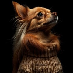 A lovely dog showcases its warmth and style, standing tall in a knitted sweater