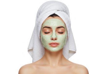 Young woman with facial mask and wrapped hair enjoying skincare relaxation bliss transparent background