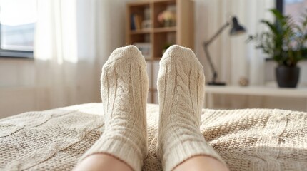 Feet In Beige Knitted Socks Resting On Bed In Cozy Home Interior