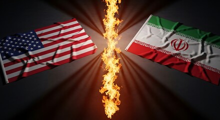 Tension between usa and iran flags with fire