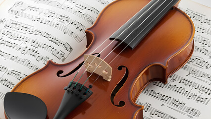 Naklejka premium Beautiful violin on sheet music background for musical creativity