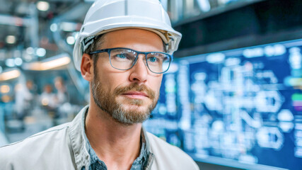 Focused engineer reviews project plans in a modern workspace filled with technology and digital displays during the day