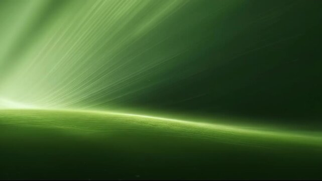 Green light rays bursting across dark background onto a glowing horizon and fluid, colorful gradient wave forms.
