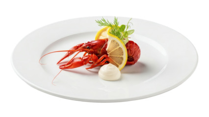 A beautifully plated crawfish dish with lemon and garnish on white china