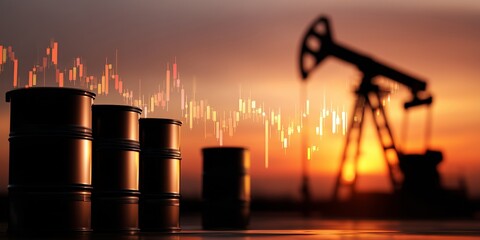 Oil barrels in silhouette with stock market graph overlay against sunset background