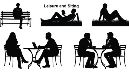 Silhouettes of people sitting and relaxing in various outdoor settings with books and laptops