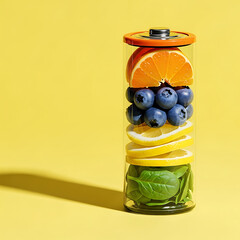 Fruit and vegetable battery concept with yellow background  