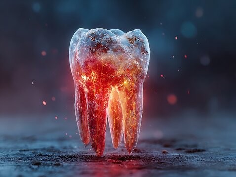 Conceptual 3D molar with glowing fiery core. Symbolizes acute dental pain, pulpitis, internal infection, and the urgent need for professional stomatology intervention.
