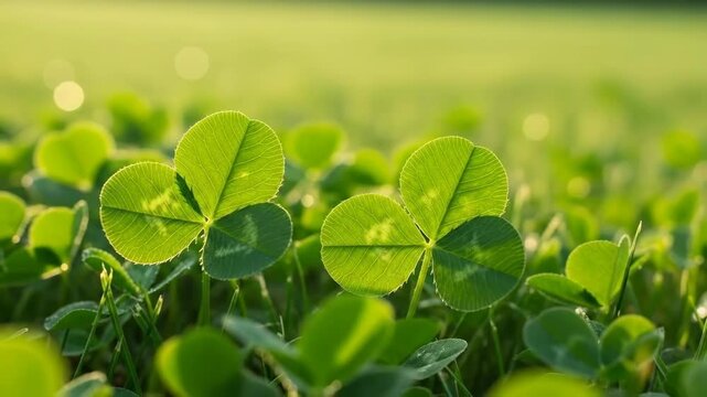 Vivid green clover field macro shot for Saint Patrick day, a symbol of luck and nature, soft focus background