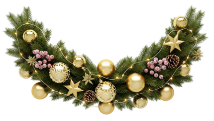 Elegant christmas garland with gold ornaments isolated on white background