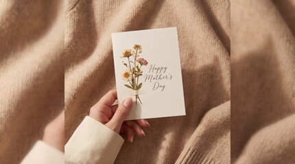 Happy Mothers Day Card With Dried Flowers Held By Hand Over Beige Sweater