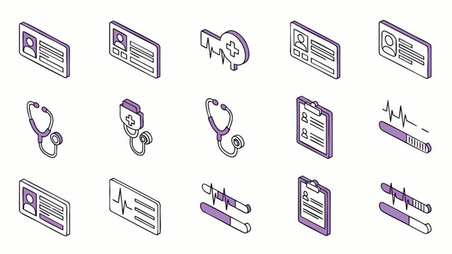 Set of isometric medical icons: ID cards, stethoscopes, ECG, blood pressure monitor, clipboard, and key with cross