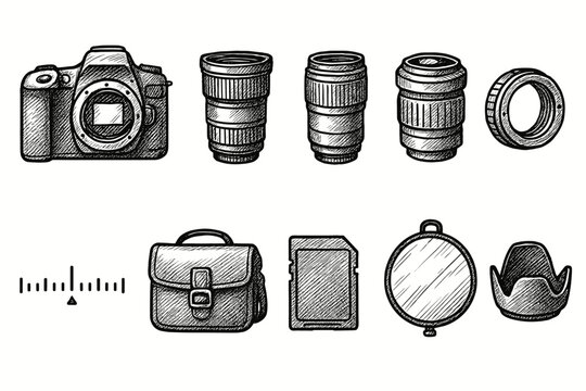Photography equipment sketch icon set. Camera, lens, accessories outline collection