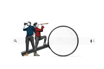 A young woman and man with a binoculars stands on a big magnifying glass. Isolated on free png background. Searching for information on the internet concept.