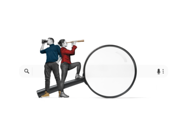 A young woman and man with a binoculars stands on a big magnifying glass. Isolated on free png background. Searching for information on the internet concept.