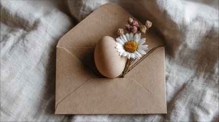 Envelope with an egg and flower arrangement on natural fabric background