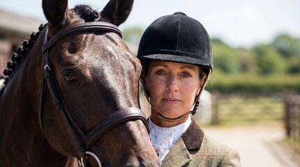 Female horse rider in riding gear standing next to horse outdoors  