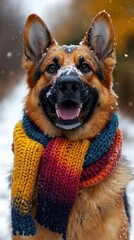 Happy German shepherd with a colorful scarf plays joyfully in the snow