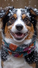 A playful dog with a bright scarf happily plays in the snow during a beautiful winter day