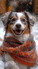Happy dog enjoys the snowy weather, showcasing its playful spirit and vibrant scarf