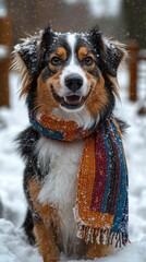 A joyful dog in a bright scarf enjoys a snowy winter day