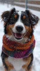 A happy dog dressed in a vibrant scarf enjoys playing in the falling snow