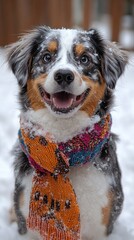 Cheerful dog smiles while playing in a snowy backyard, wrapped in a colorful scarf