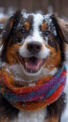 Cheerful dog in a vibrant scarf smiles as snowflakes fall around it