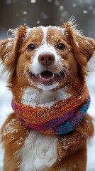 A cheerful dog plays in the snow, wearing a warm scarf and enjoying winter's beauty