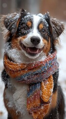 A cheerful dog wrapped in a vibrant scarf happily enjoys the snowy scenery outdoors