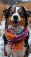 A happy dog with a colorful scarf plays in soft snow under a gentle falling flurry