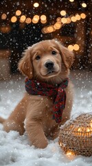 A playful golden puppy is surrounded by soft snow while festive lights twinkle nearby