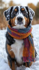 A charming dog wears a vibrant scarf while sitting in the snow during winter