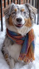Playful dog with blue eyes enjoys the winter snow, showcasing a vibrant scarf