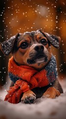 A cheerful dog lounges on snow while delicate snowflakes fall gracefully around it