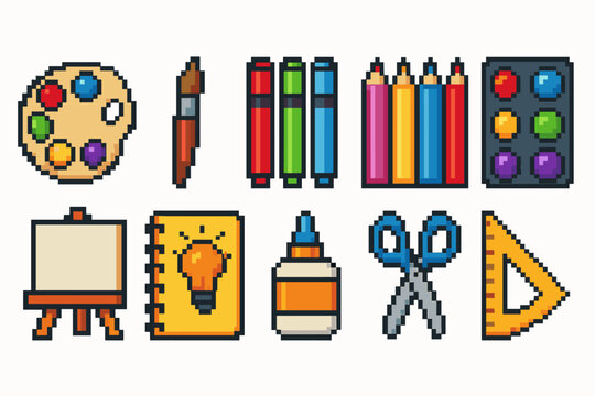 Pixel art school supply icon set. Back-to-school essentials in pixelated design