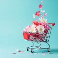 Shopping cart filled with colorful flowers on blue background  