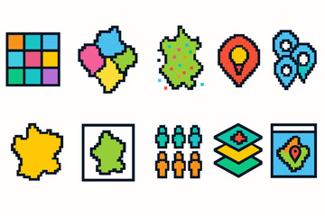 Fototapeta premium Germany map pixel icon set with pointer and location, flat style collection
