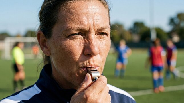 Female soccer coach blowing whistle while instructing players outdoors  