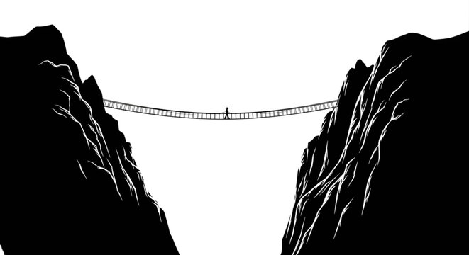 Silhouette of a Person Walking Across a High Suspension Bridge Between Two Steep Mountain Cliffs for Courage and Risk Concept